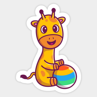 Cute Giraffe Sitting And Playing Ball Cartoon Sticker